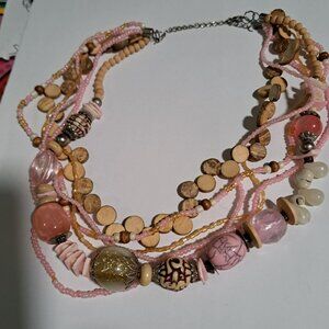 pink beaded necklace with wood beads with a metal clasp funky chunky large bead
